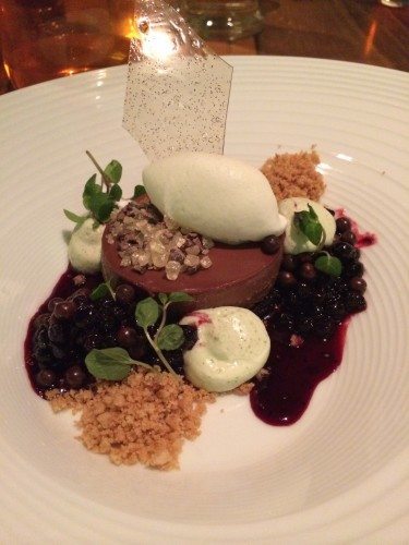 almond crumble with dark chocolate ganache and peppermint sorbet...thank you Chef Rotondo :)